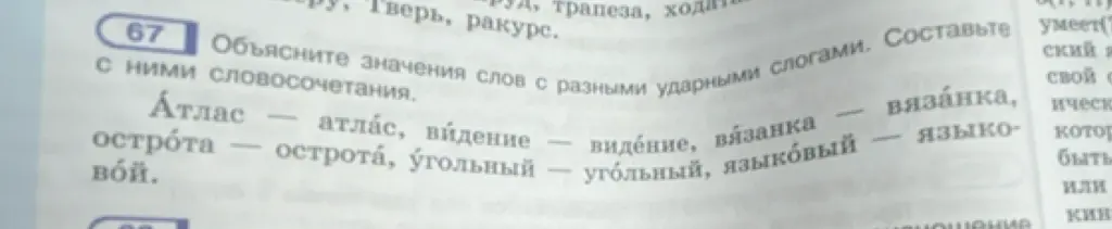 Объясни значения слов: Атлас, видение, острота, угольный, если ударение падает на разные слоги