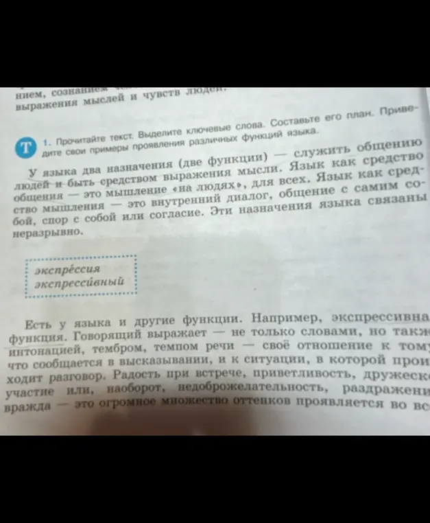 Помоги мне выделить ключевые слова, составить план текста и привести примеры проявления различных функций языка.