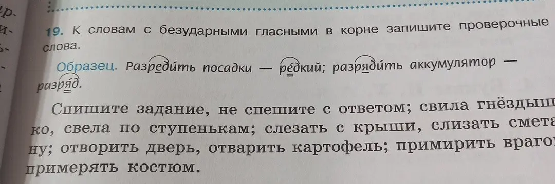 Подбери проверочные слова к словам с безударными гласными в корне: свила гнёздышко, свела по ступенькам, слезать с крыши, слизать сметану, отворить дверь, отварить картофель, примирить врагов, примерять костюм.