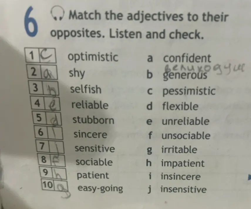 Подбери антонимы к прилагательным в упражнении 6: sincere, sensitive, patient