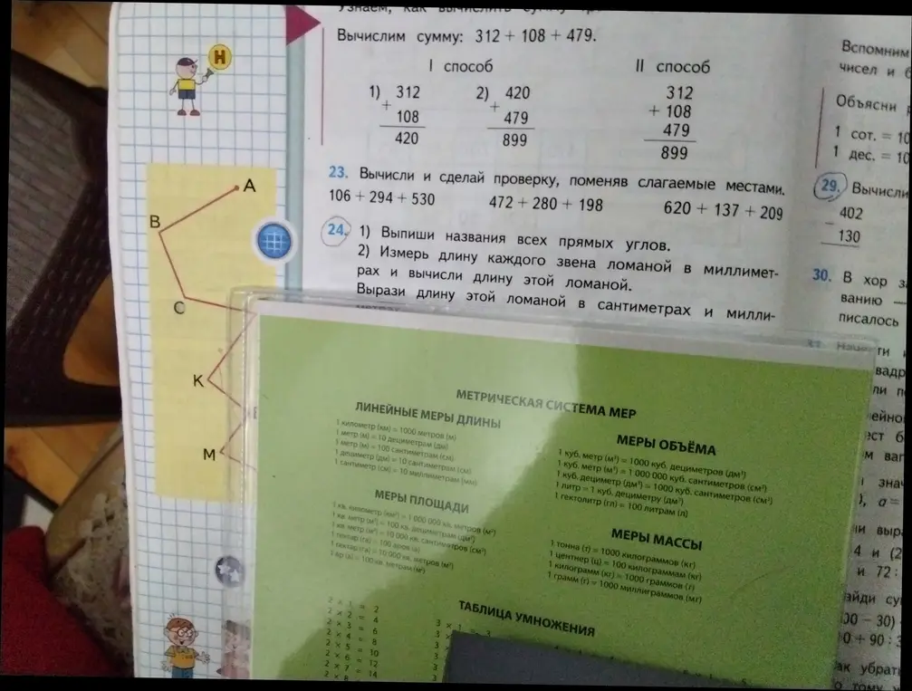 Выпиши названия всех прямых углов и измерь длину каждого звена ломаной в миллиметрах, а также вычисли длину этой ломаной.