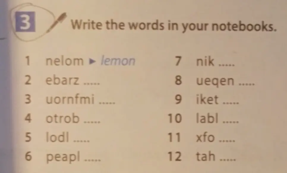 Ты просишь помочь составить слова из перепутанных букв в задании 1: nelom.