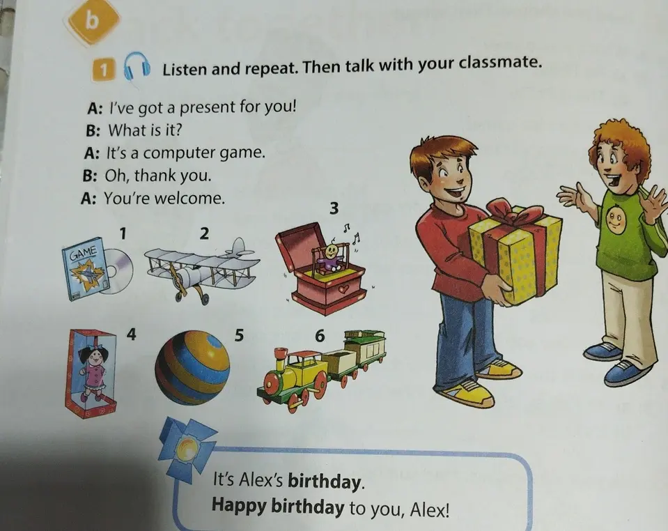 Ты просишь объяснить диалог на картинке: 'A: I've got a present for you! B: What is it? A: It's a computer game.'