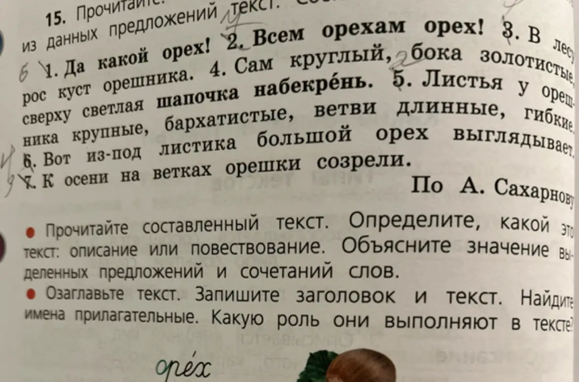 Определи, какой это текст: описание или повествование, объясни значение выделенных предложений и сочетаний слов, озаглавь текст, запиши заголовок и текст, найди имена прилагательные и определи, какую роль они выполняют в тексте