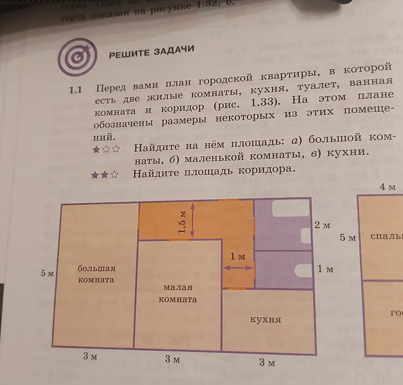 Можешь помочь найти на плане площадь большой комнаты, маленькой комнаты, кухни и коридора?