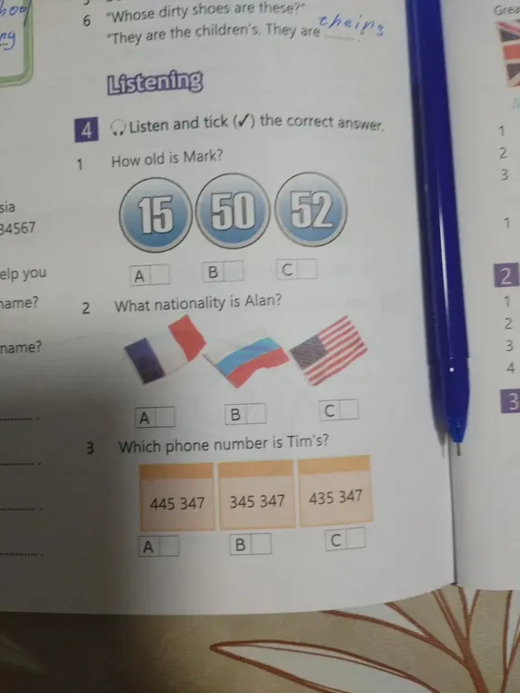 Выполни задание 'Listen and tick the correct answer' для вопросов: Сколько лет Марку?