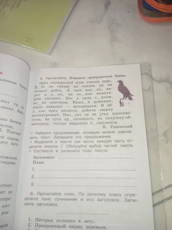 Выполни задание: вставь пропущенные буквы в текст, найди предложение, которым можно озаглавить текст, выдели в тексте три части, каждую часть отдели знаком Z, составь и запиши план текста.