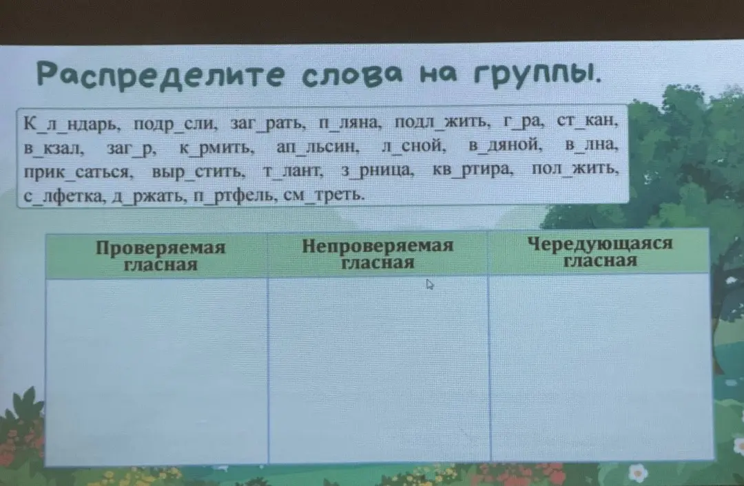 Предлагаешь распределить слова на группы: проверяемая гласная, непроверяемая гласная, чередующаяся гласная.