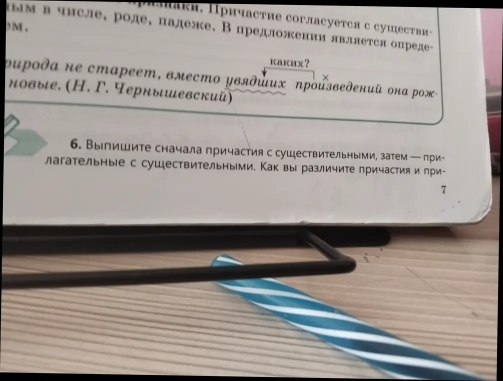Выпиши сначала причастия с существительными, затем — прилагательные с существительными из упражнения №6.