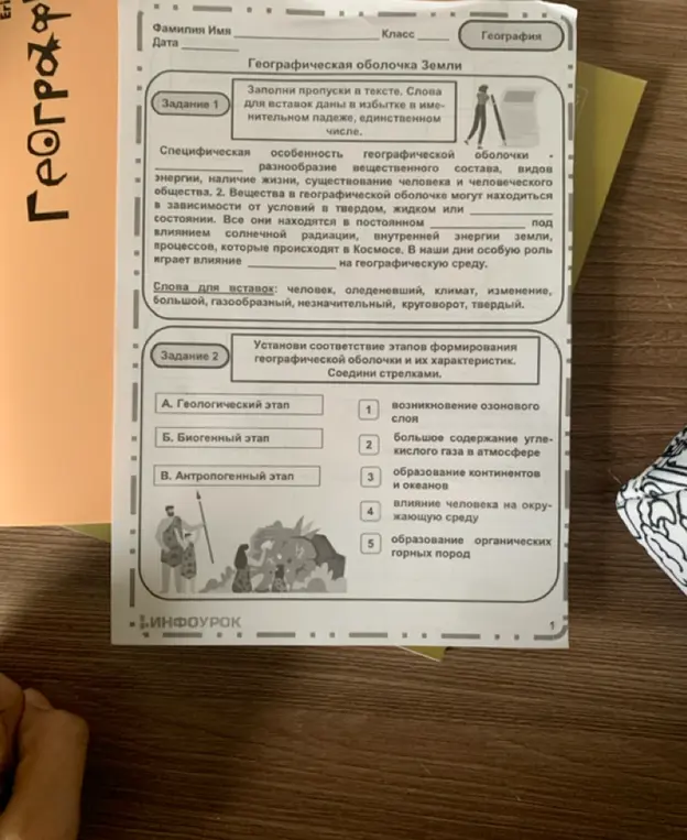Выполни задание: Заполни пропуски в тексте и установи соответствие этапов формирования географической оболочки и их характеристик.