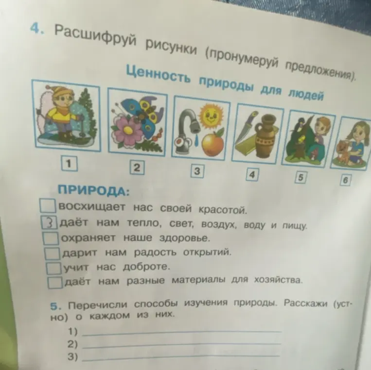 Предложи расшифровать рисунки и перечислить способы изучения природы.