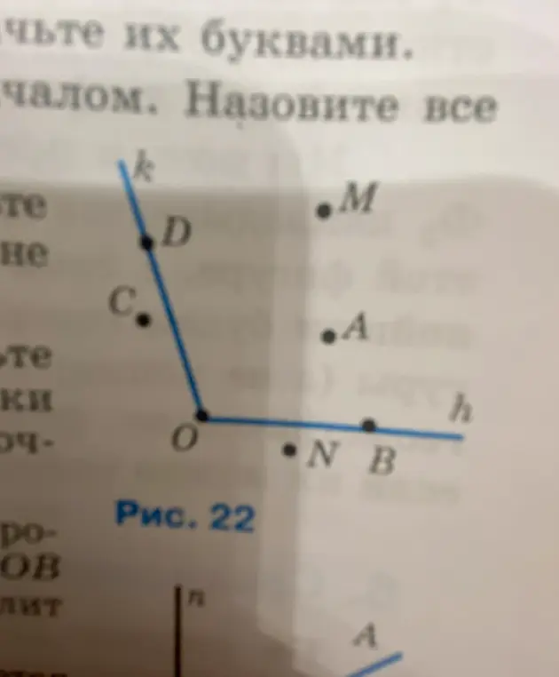 Какие точки, изображённые на рисунке 22, лежат внутри угла hOk, а какие — вне этого угла?