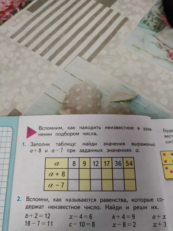 Помоги мне заполнить таблицу: найти значения выражений a+8 и а-7 при заданных значениях а.