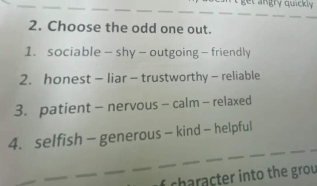 Выбери лишнее слово из ряда: sociable - shy - outgoing - friendly