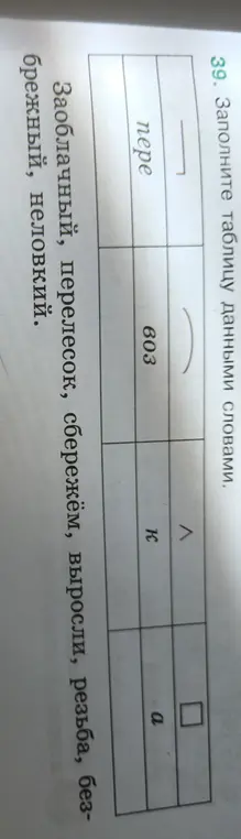 Помоги заполнить таблицу данными словами