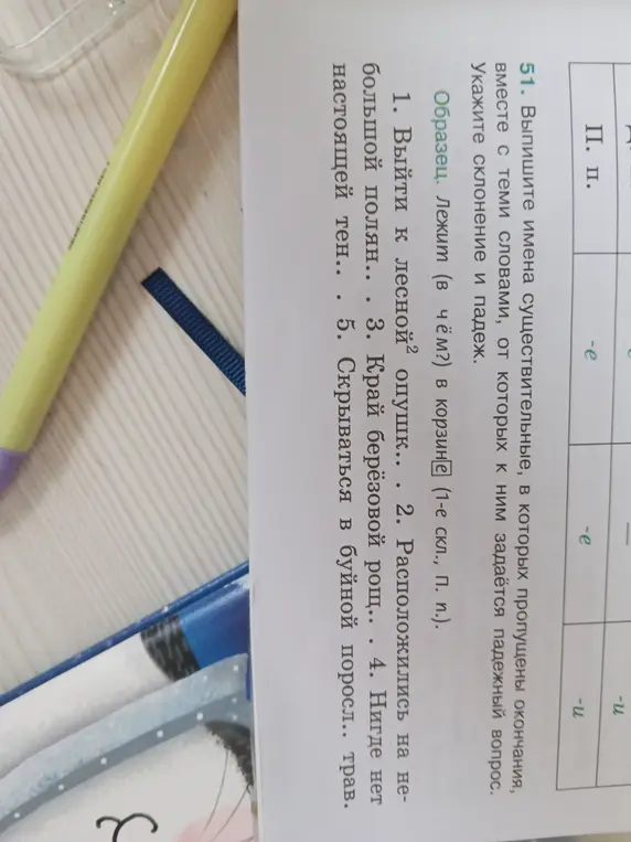 Выполни упражнение: выпиши имена существительные, в которых пропущены окончания, вместе с теми словами, от которых к ним задаётся падежный вопрос, укажи склонение и падеж в предложении «Выйти к лесной опушке»