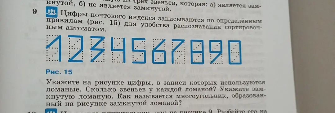 Укажи цифры, в записи которых используются ломаные, сколько звеньев у каждой ломаной, замкнутую ломаную и как называется многоугольник, образованный замкнутой ломаной на рисунке 15