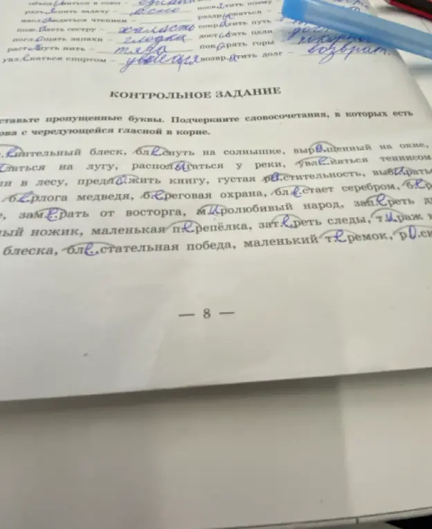 Помоги вставить пропущенные буквы и подчеркнуть словосочетания, в которых есть слова с чередующейся гласной в корне