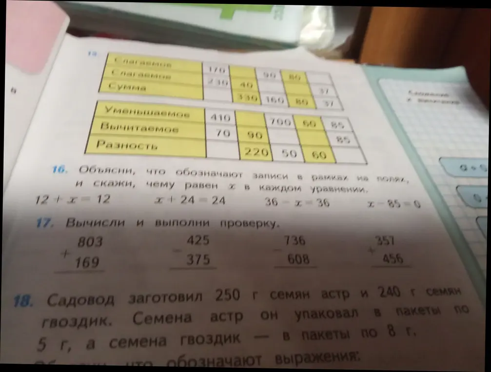 Объясни, что обозначают записи в рамках на полях, и скажи, чему равен х в уравнении 12 + x = 12