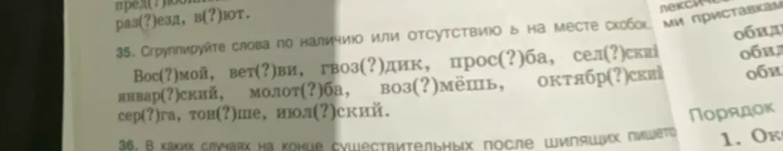 Сгруппируй слова по наличию или отсутствию мягкого знака (ь) на месте скобок