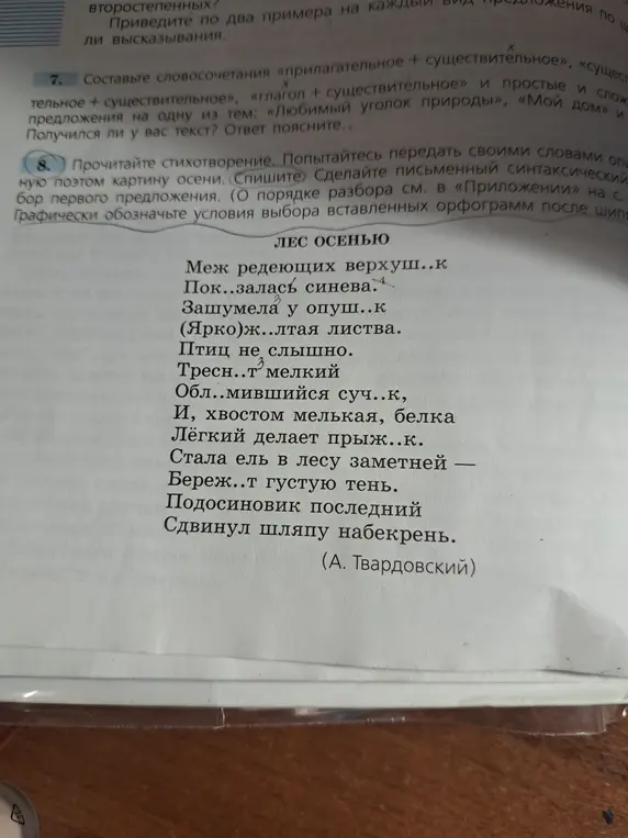 Ты просишь списать стихотворение, сделать синтаксический разбор первого предложения и графически обозначить условия выбора вставленных орфограмм после шипящих.