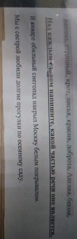 Определи, какой частью речи являются слова 'панама, странный, крот, лисья, красив, доброта, Англия, бегом'. Выполни синтаксический разбор предложений 'В январе обильный снегопад накрыл Москву белым покрывалом' и 'Мы с сестрой любили долгие прогулки по осеннему саду'
