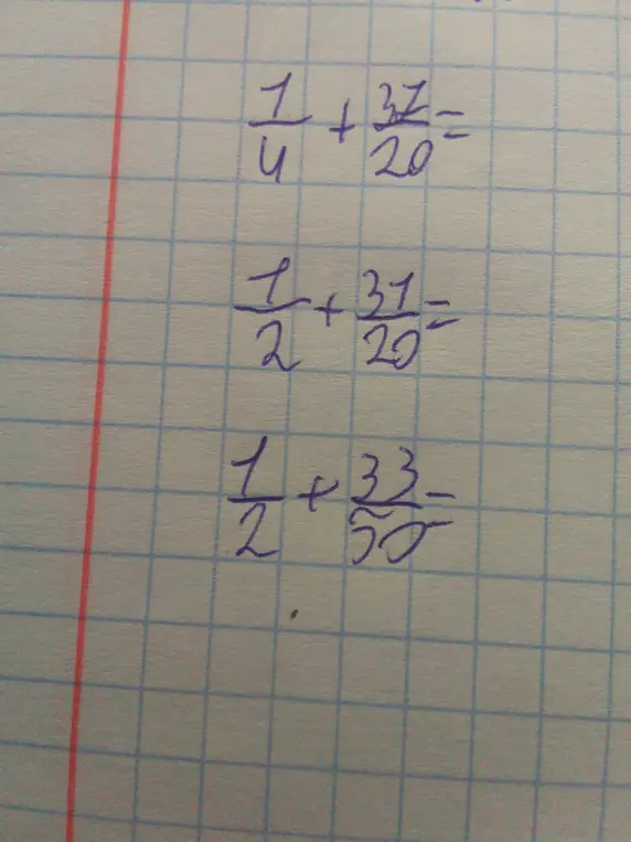 Помоги мне решить примеры: 1/4 + 32/20 =