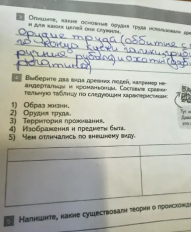 Предложи сравнительную таблицу по характеристикам неандертальцев и кроманьонцев: образ жизни, орудия труда, территория проживания, изображения и предметы быта, внешний вид.