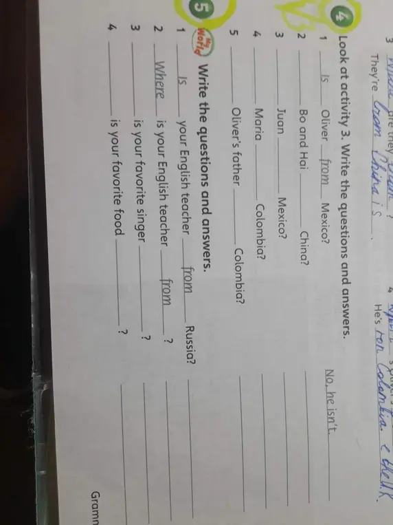 Выполни упражнения 4 и 5: напиши вопросы и ответы.