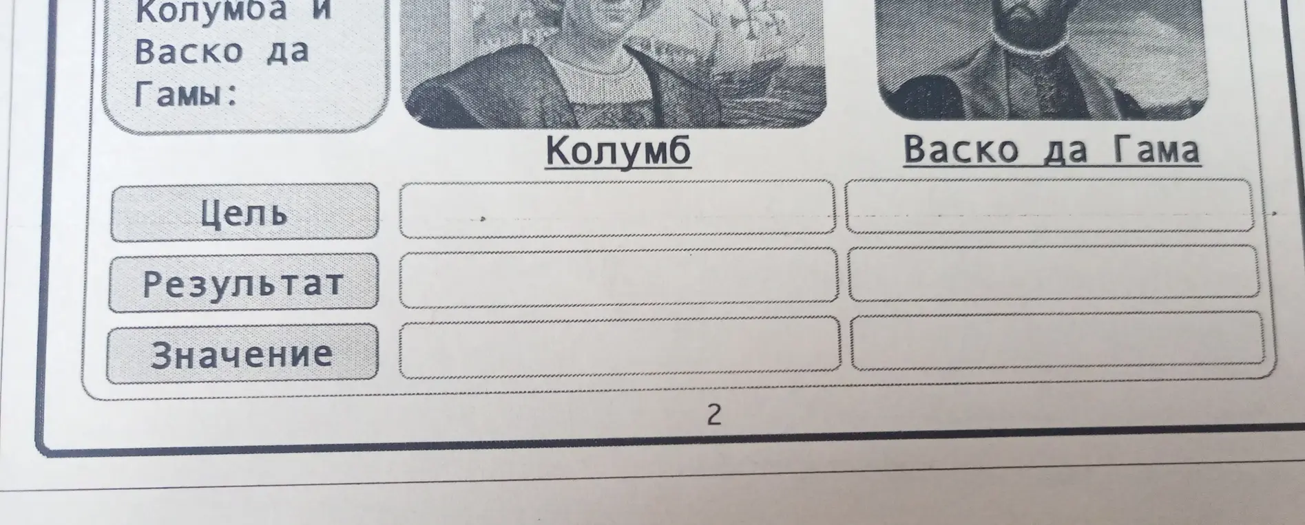 Заполни таблицу про Колумба и Васко да Гаму (цель, результат, значение)
