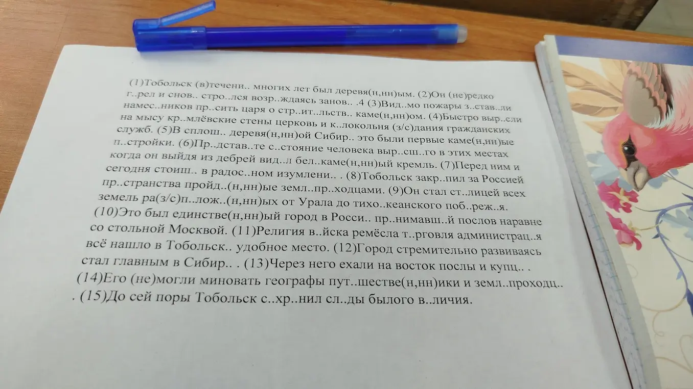 Ты просишь вставить пропущенные буквы и объяснить правописание слов в тексте о Тобольске