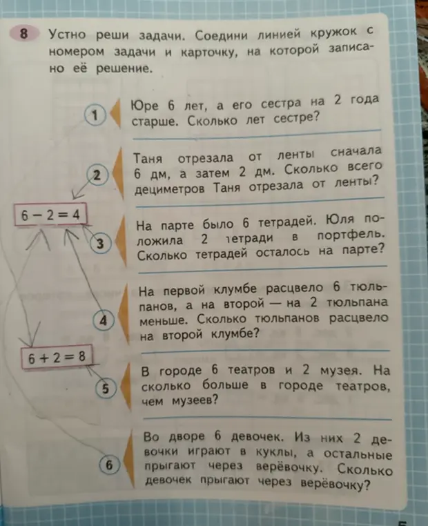 Соедини линией кружок с номером задачи и карточку, на которой записано её решение