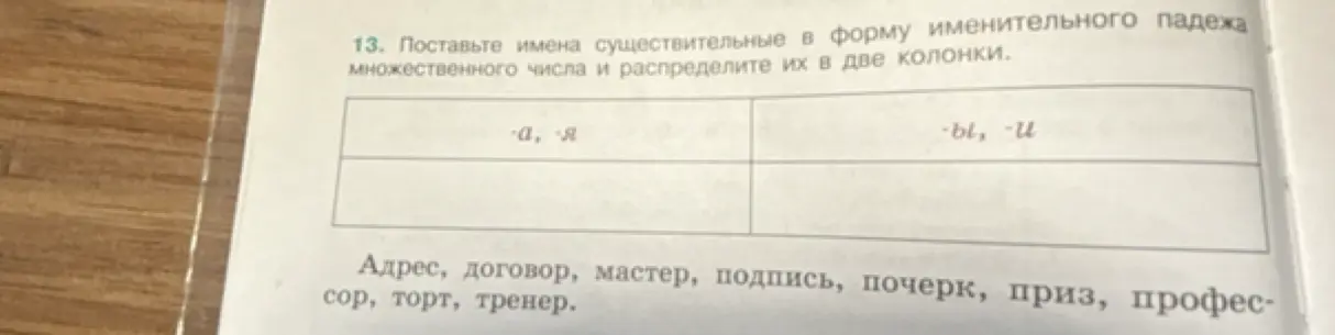Помоги поставить имена существительные в форму именительного падежа множественного числа и распределить их в две колонки.