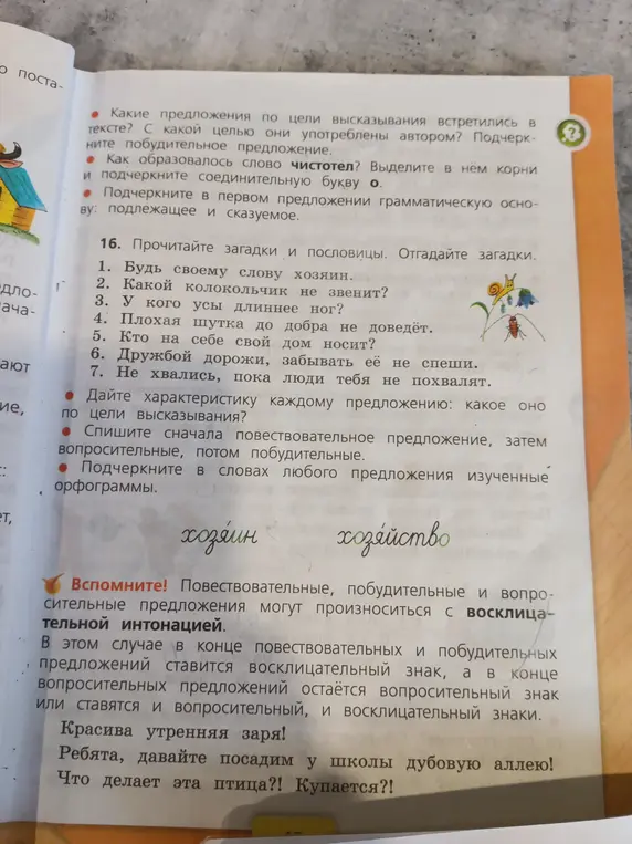 Объясни задания по русскому языку из учебника: определи типы предложений, выдели корни в слове, подчеркни грамматическую основу и орфограммы