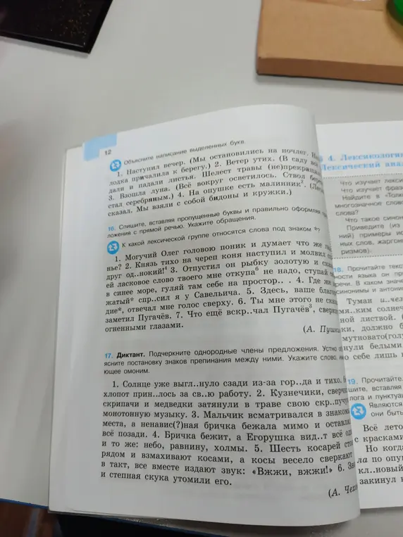 Объясни правописание выделенных букв в упражнении 12, укажи обращения в упражнении 16, подчеркни однородные члены и объясни постановку знаков препинания в упражнении 17.