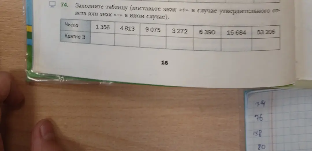 Заполни таблицу: поставь знак «+», если число кратно 3, или знак «-» в ином случае. Числа: 1356, 4813, 9075, 3272, 6390, 15684, 53206