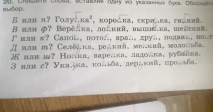 В задании просят вставить пропущенные буквы Б или П, В или Ф, Г или К, Д или Т, Ж или Ш, З или С в словах: Голу..ка, Верё..ка, Сапо.., Селё..ка, Но..ка, Ука..ка и других.