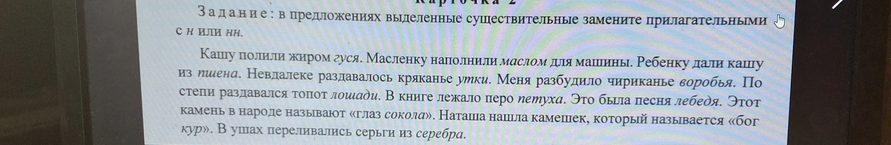 Помоги заменить выделенные существительные на прилагательные с суффиксами -н- или -нн-.