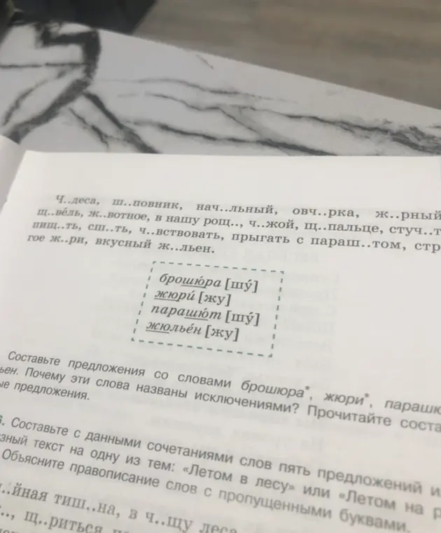 Составь предложения со словами брошюра, жюри, парашют, жюльен. Почему эти слова названы исключениями?