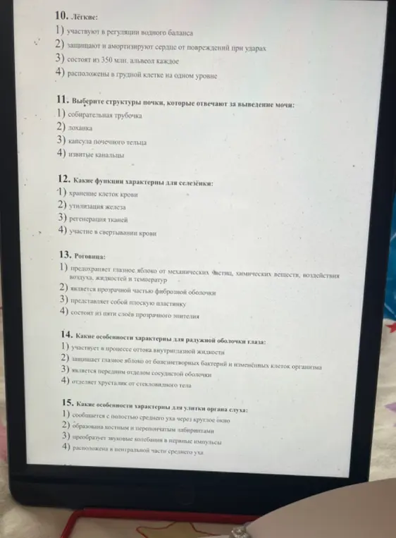 Помоги мне выбрать правильные ответы в тесте по биологии: про лёгкие, почки, селезёнку, роговицу, радужную оболочку глаза и улитку органа слуха.