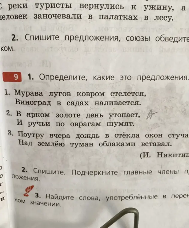 Определи, какие это предложения: 'Мурава лугов ковром стелется, Виноград в садах наливается'