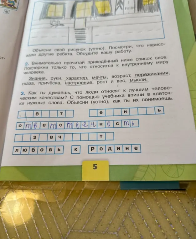 Внимательно прочитай приведённый ниже список слов. Подчеркни только то, что относится к внутреннему миру человека.