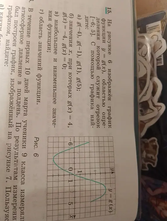 Ты просишь найти g(-4), g(-1), g(1), g(5), значения x, при которых g(x) = 4, g(x) = -4, g(x) = 0, наибольшее и наименьшее значения функции, область значений функции.
