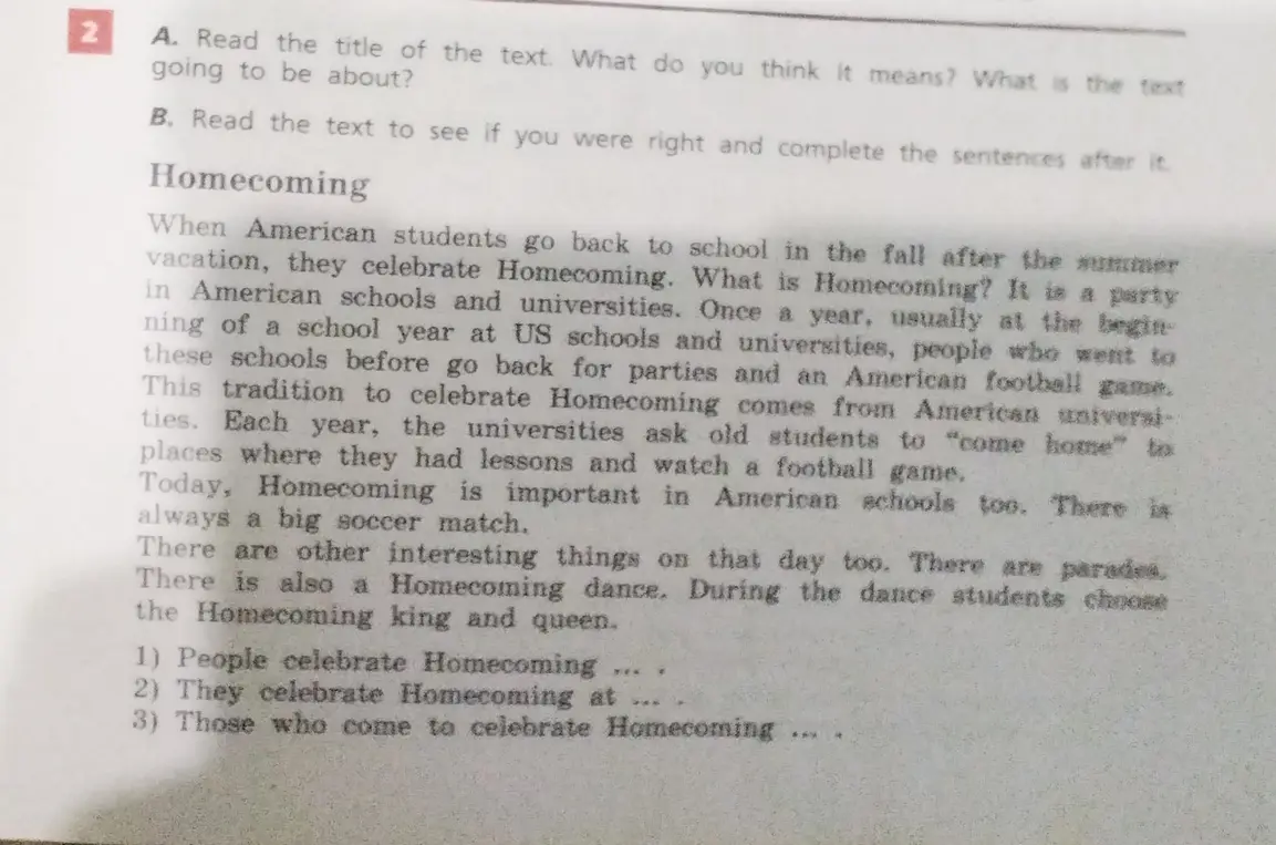 Можешь ли ты помочь мне заполнить предложения после текста 'Homecoming'?