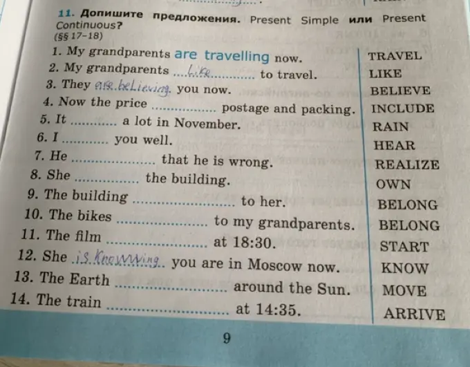 Допиши предложения, используя Present Simple или Present Continuous: My grandparents like to travel.