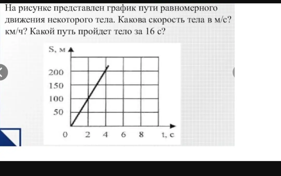 Ты просишь определить скорость тела в м/с и км/ч, а также путь, который тело пройдёт за 16 секунд, используя график пути равномерного движения.