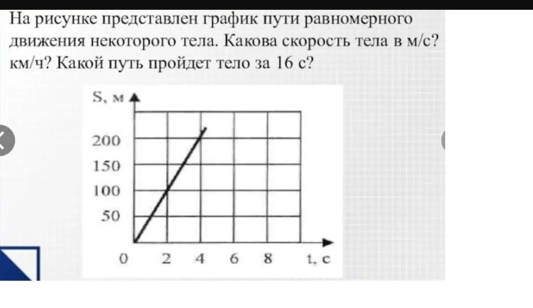 Ты просишь определить скорость тела в м/с и км/ч, а также путь, пройденный телом за 16 с, по графику равномерного движения.