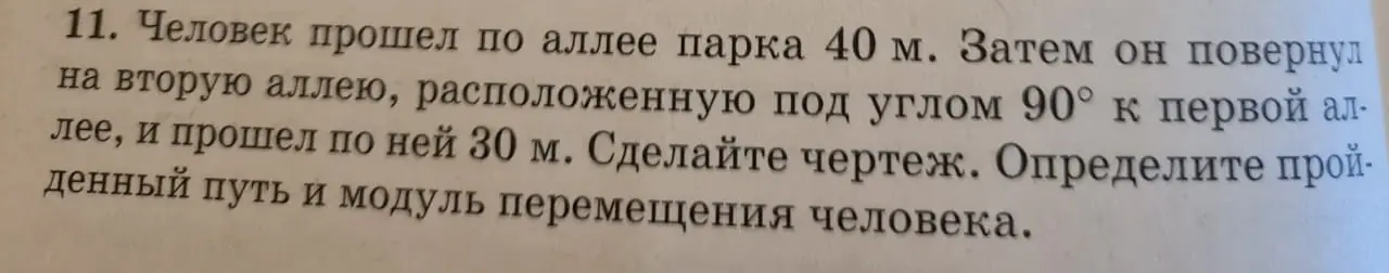 Ты просишь составить чертеж, определить пройденный путь и модуль перемещения человека, который прошел по аллее парка 40 м, а затем повернул на другую аллею под углом 90° и прошел по ней 30 м