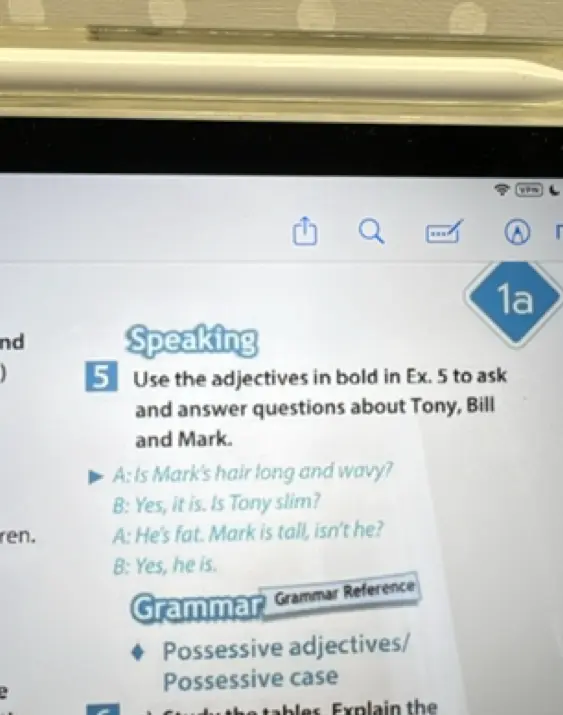 Помоги составить вопросы и ответы об именах Tony, Bill и Mark, используя прилагательные в упражнении 5.