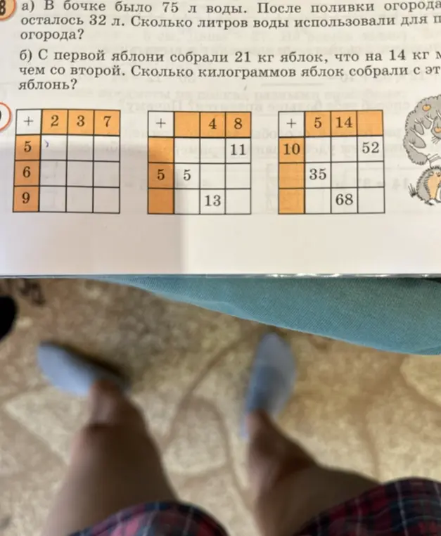 Реши задачу: а) В бочке было 75 л воды, после поливки огорода осталось 32 л. Сколько литров воды использовали для полива огорода?